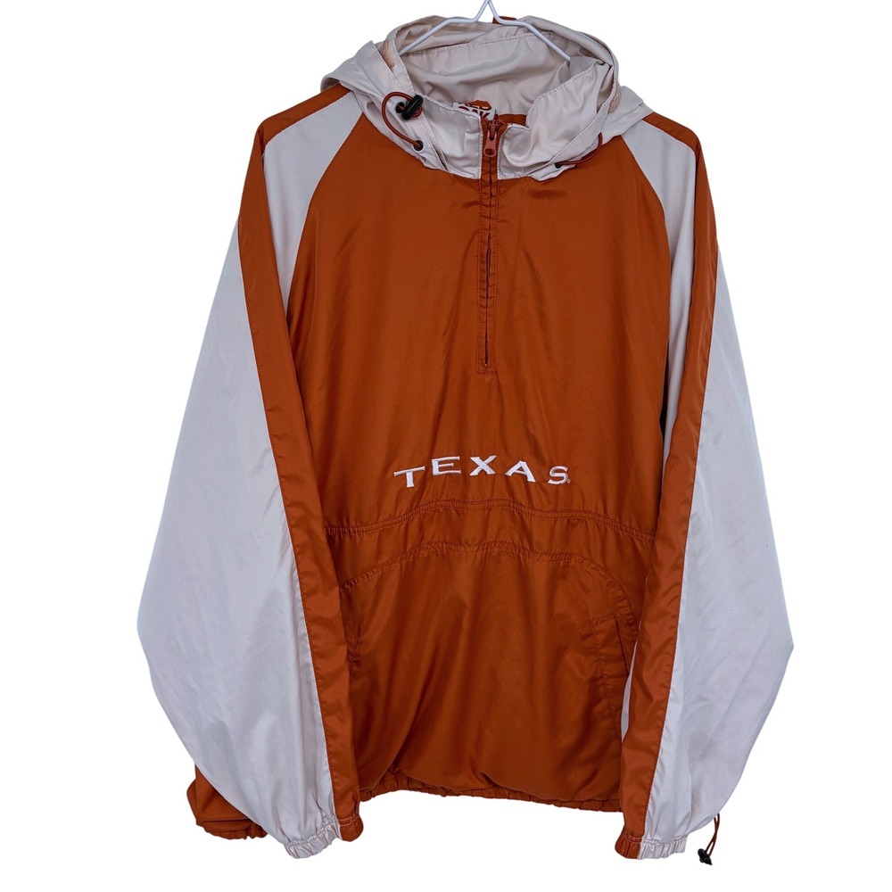 Vtg‎ Texas Longhorns Pullover Windbreaker Jacket XL Burnt Orange Red Oak Hooded